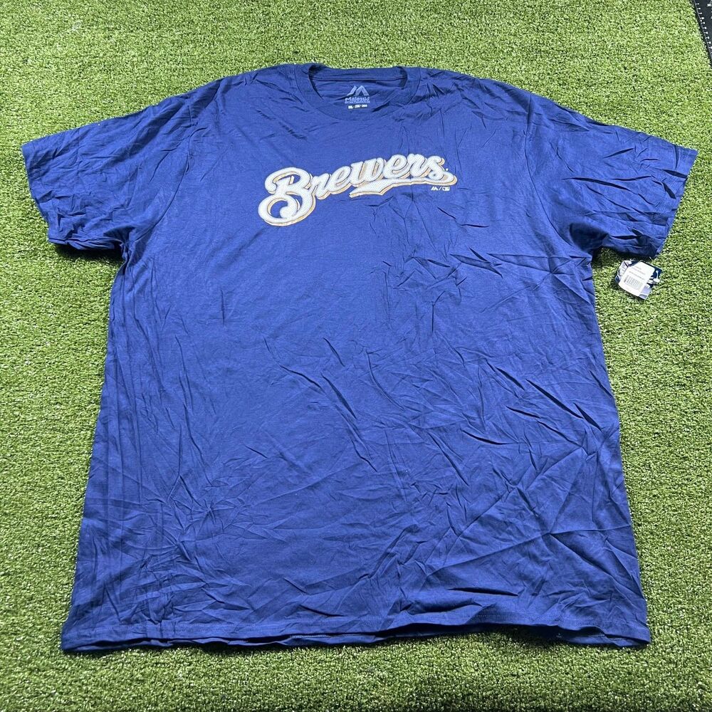 Majestic Milwaukee Brewers Wordmark T-Shirt Mens 3XL Navy Blue MLB NWT